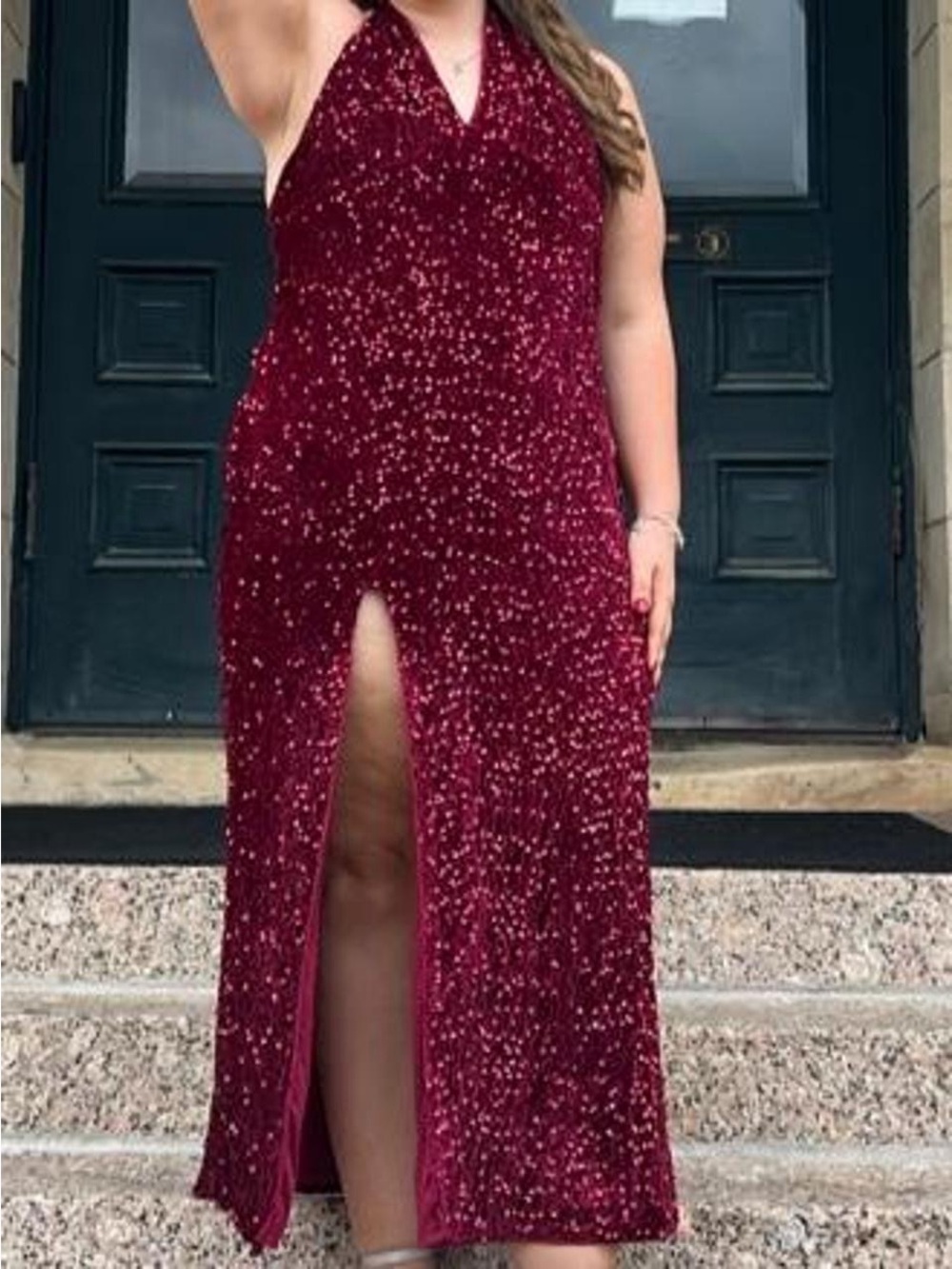 Sequin Halter Prom Dress in Wine Red